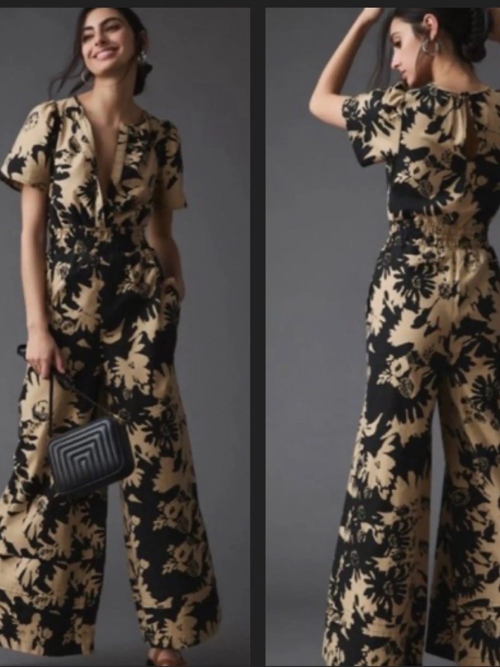 Anthropologie The Somerset Jumpsuit Light Sand Black Size XS Wide Leg